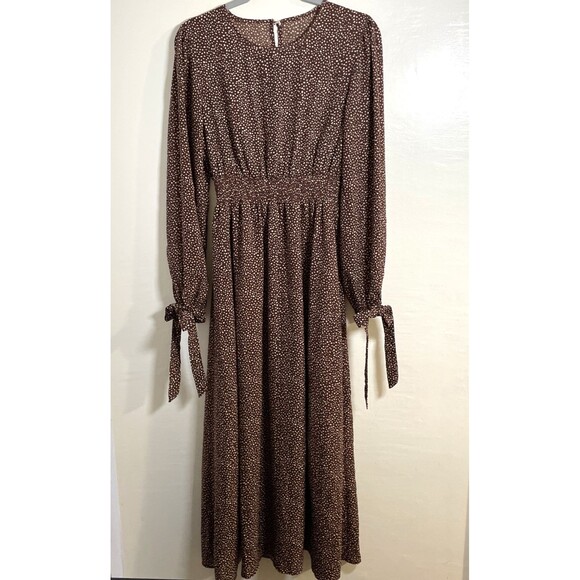 Women's Dalmatian Print Split Thigh Dress Brown and Dot White Size M - Picture 2 of 13